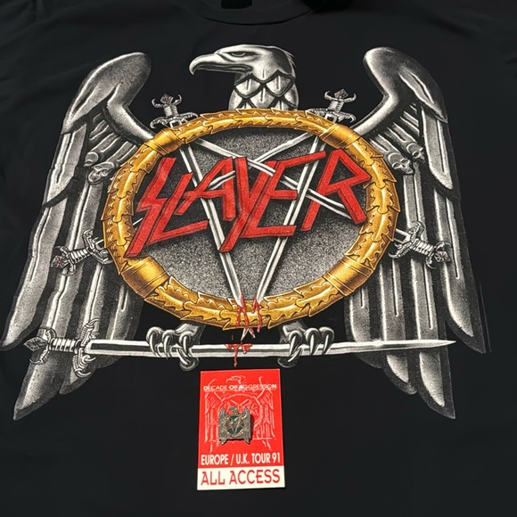 Other - SLAYER t-shirt w/ Decade of Aggression Tour 1991 pass & SLAYER pin! Slayer lot!!